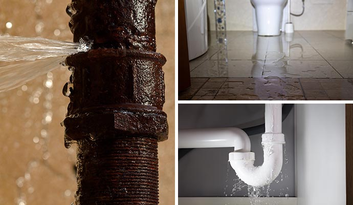 Collage of burst water pipe, wet clean bathroom floor and leaking water pipe