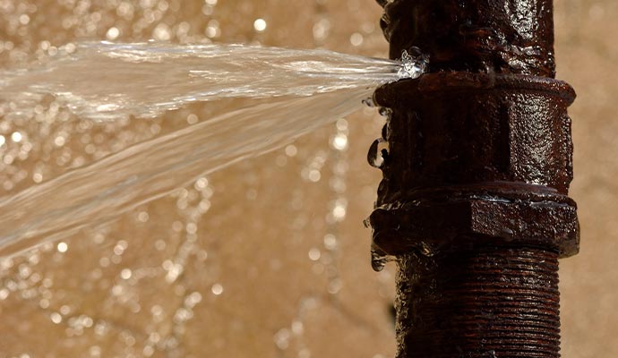 Broken iron pipe leaking water